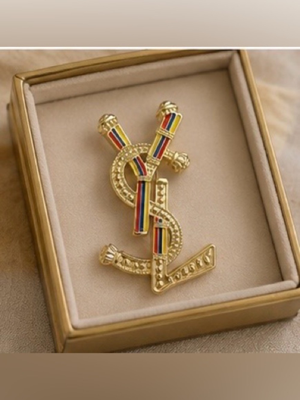Gold Tone Multicolor Enamel Statement Brooch Luxury Inspired Lapel Pin - Picture 8 of 8